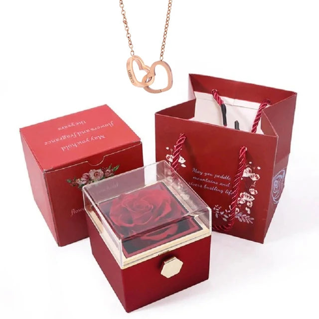 Rose Box-Engraved Heart Necklace Rose gold plated preserved rose box