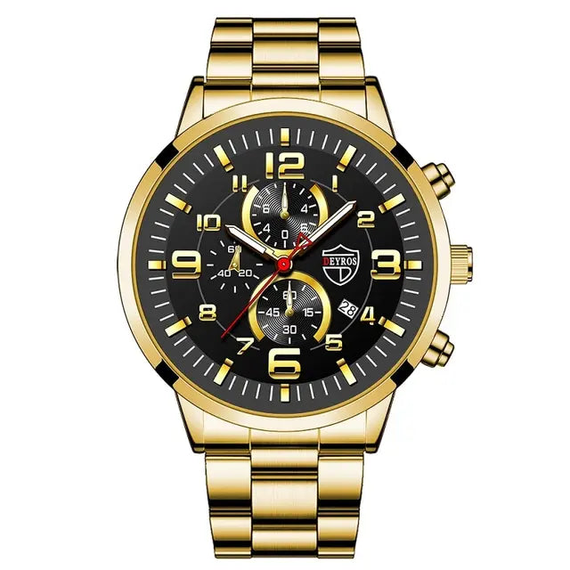 Fashion Mens Sports Watches for Men Luxury Stainless Steel Quartz Wrist Watch Calendar Luminous Clock Man Business Casual Watch Gold Black