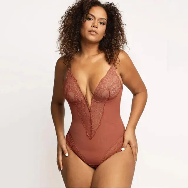 Lace V-Neck Shapewear Brown Red L