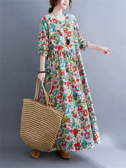 Floral Print Long Sleeve Dresses Picture Color XL