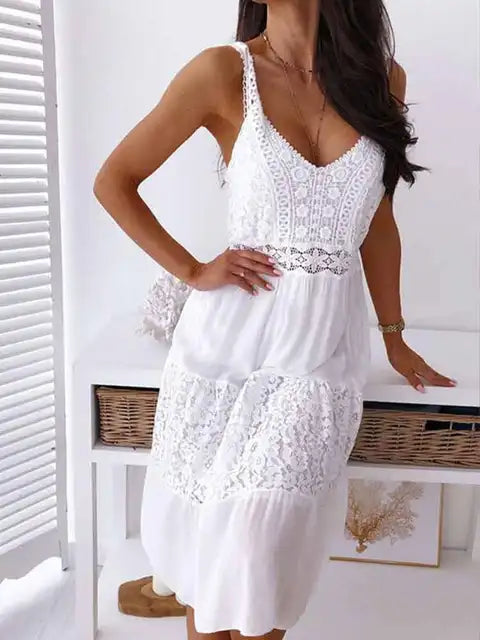 Boho Midi Dress Women Sexy Backless Dress White S