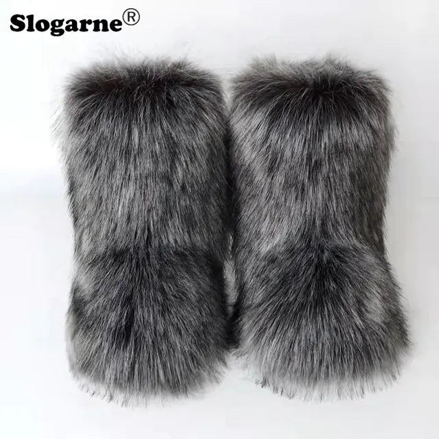 Fluffy Fox Fur Boots Grey 44