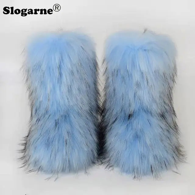 Fluffy Fox Fur Boots Light Blue 42