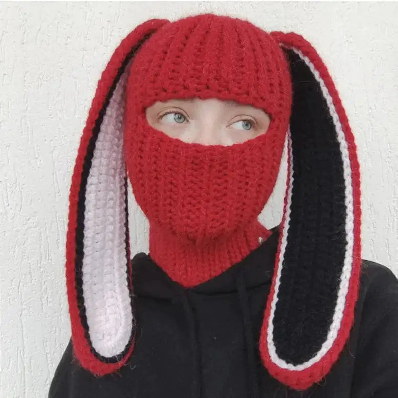 Masquerade Rabbit Knitted Balaclava Hat Red OneSize