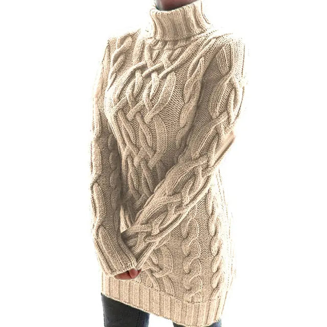 Turtleneck Twist Knitted Sweater Dress Khaki L