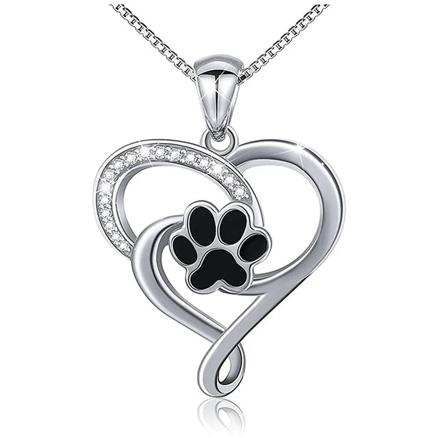 Dog Footprints Heart Necklace Silver