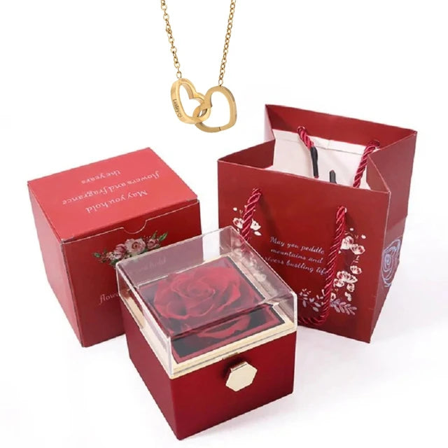 Rose Box-Engraved Heart Necklace Gold plated preserved rose box
