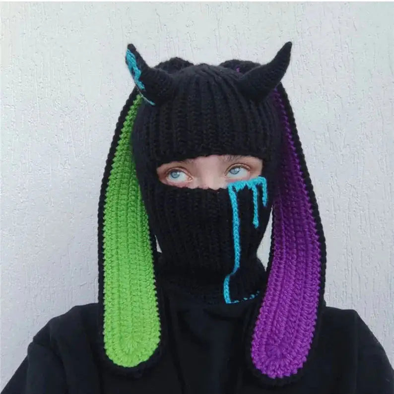 Masquerade Rabbit Knitted Balaclava Hat Black-1 OneSize