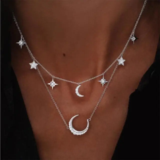 Vintage Crystal Pendant Necklace Silver Moon B