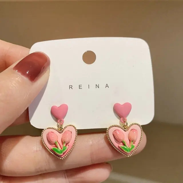 Pink Tulip Flower Earrings Pink 19