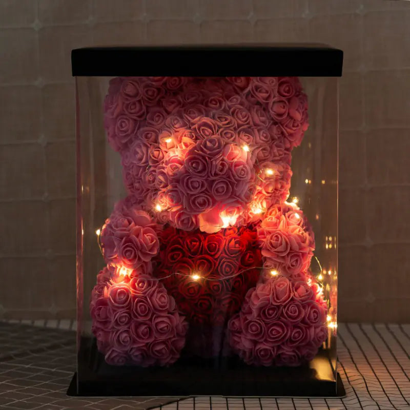 Rose Teddy Bear Pink LED with Box 25cm