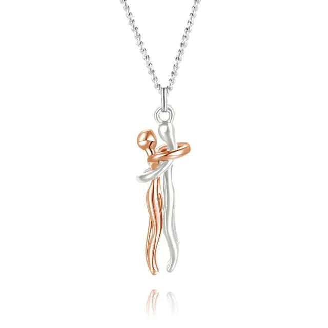 Couple Hugging Pendant Necklace Silver and Rose Gold