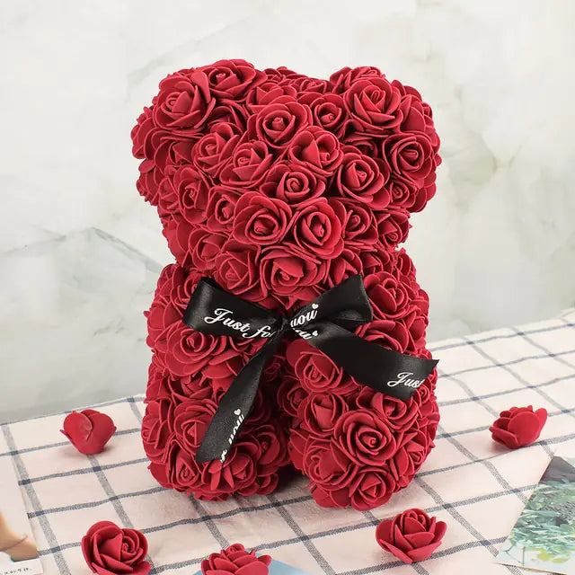 Artificial Flower Rose Bear Red Wine - No Box 25cm