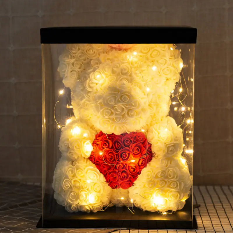 Rose Teddy Bear White LED with Box 25cm