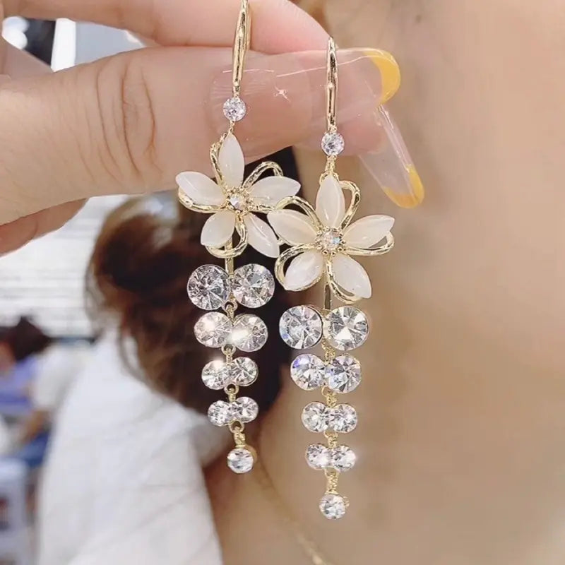 Opal Flower Tassel Earrings Set